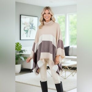 NEW Womens Neutral Beige Brown Plaid Poncho, Warm Shrug, Winter Shawl